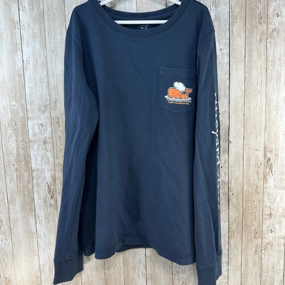 Vineyard Vines Kids Navy Blue Long Sleeve Tee Turkey Chef T-giving  Size M 10-12